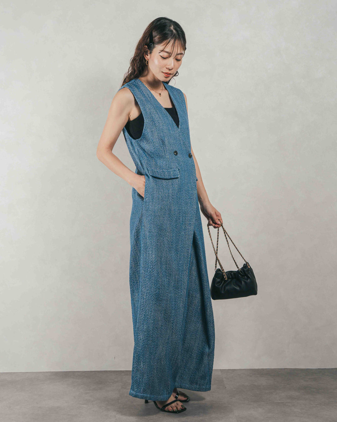 ［SET］デニムライク へリンボーンサロペット + Blockレース　フーディーブラウス（2SET）