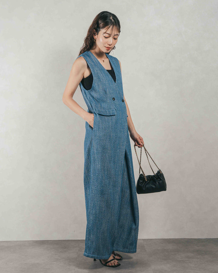 ［SET］デニムライク へリンボーンサロペット + Blockレース　フーディーブラウス（2SET）