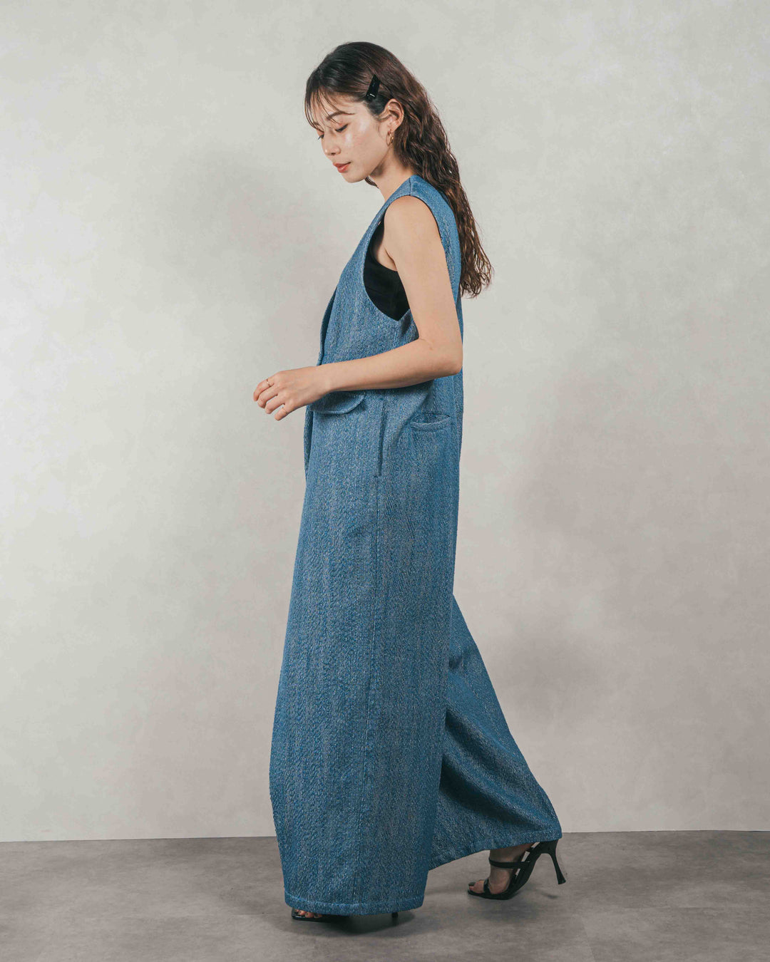 ［SET］Blockレース　フーディーブラウス + Blockレース　ストレートパンツ + デニムライク へリンボーンサロペット（3SET）