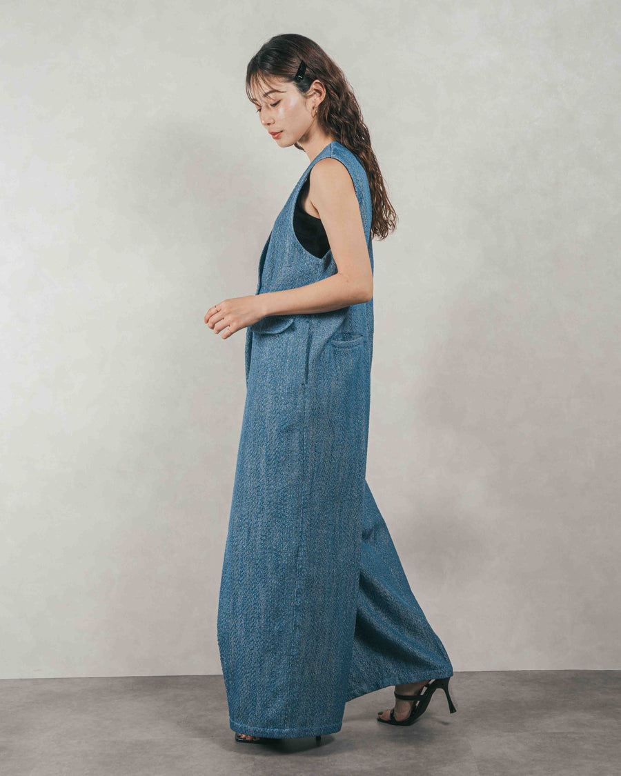 ［SET］Blockレース　フーディーブラウス + Blockレース　ストレートパンツ + デニムライク へリンボーンサロペット（3SET）