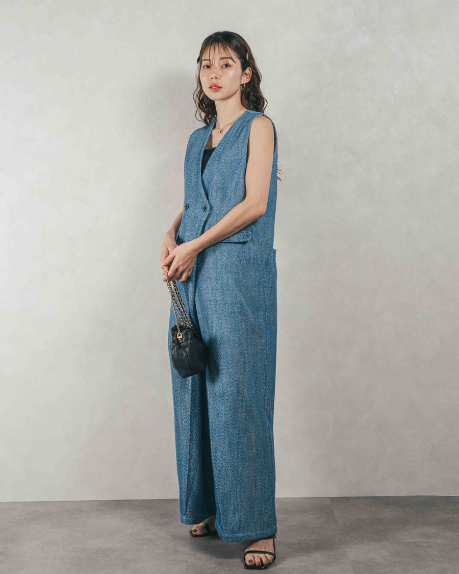 ［SET］Blockレース　フーディーブラウス + Blockレース　ストレートパンツ + デニムライク へリンボーンサロペット（3SET）