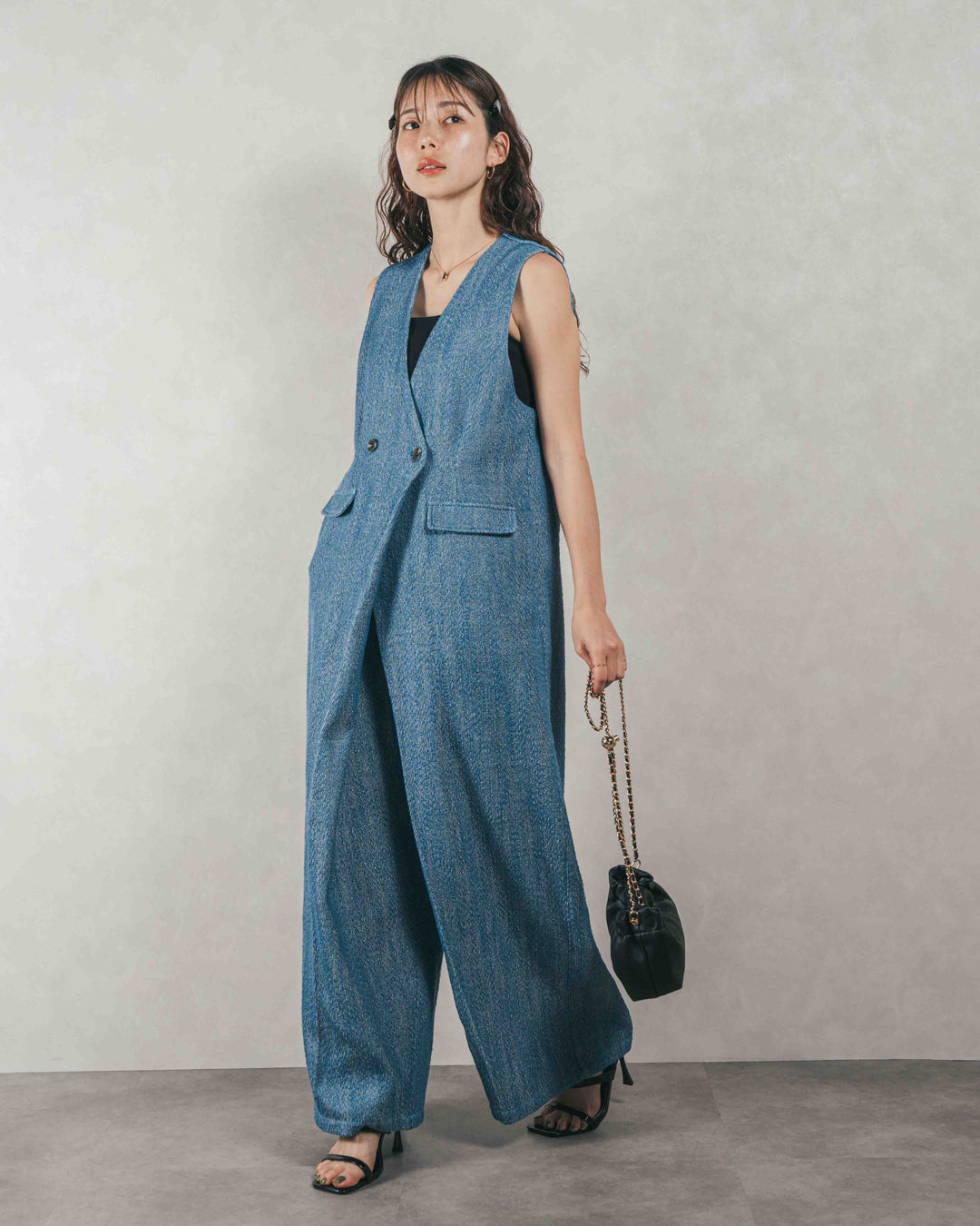 デニムライク へリンボーンサロペット