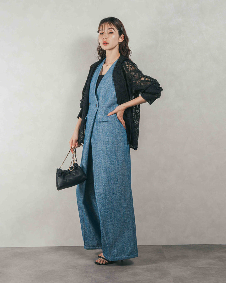 ［SET］デニムライク へリンボーンサロペット + Blockレース　フーディーブラウス（2SET）