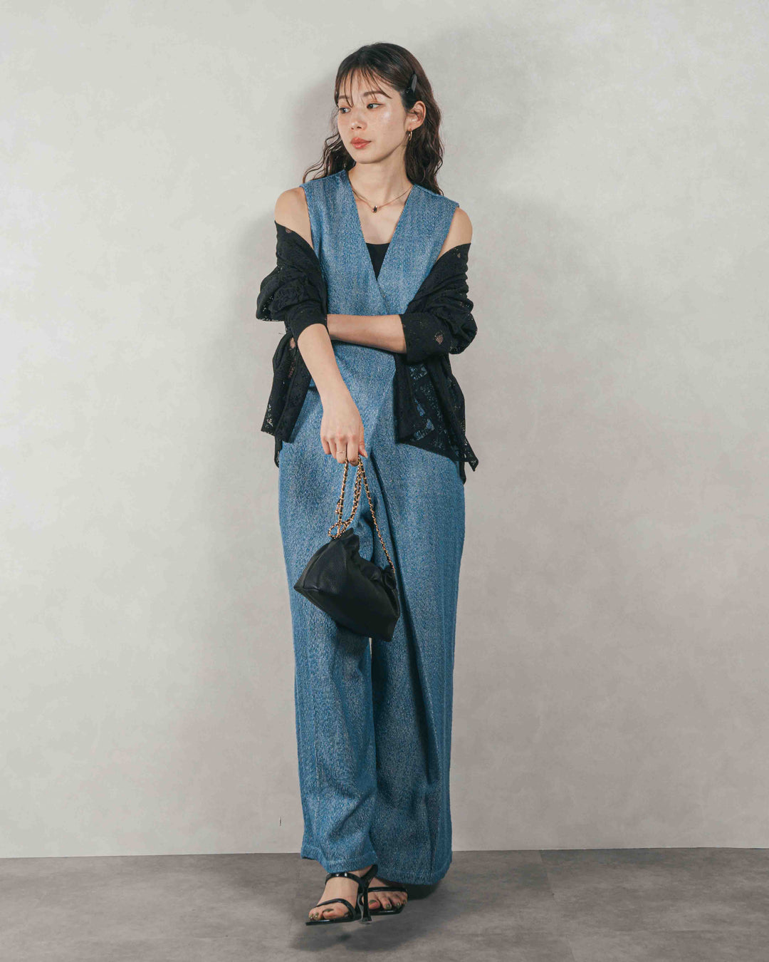 ［SET］デニムライク へリンボーンサロペット + Blockレース　フーディーブラウス（2SET）