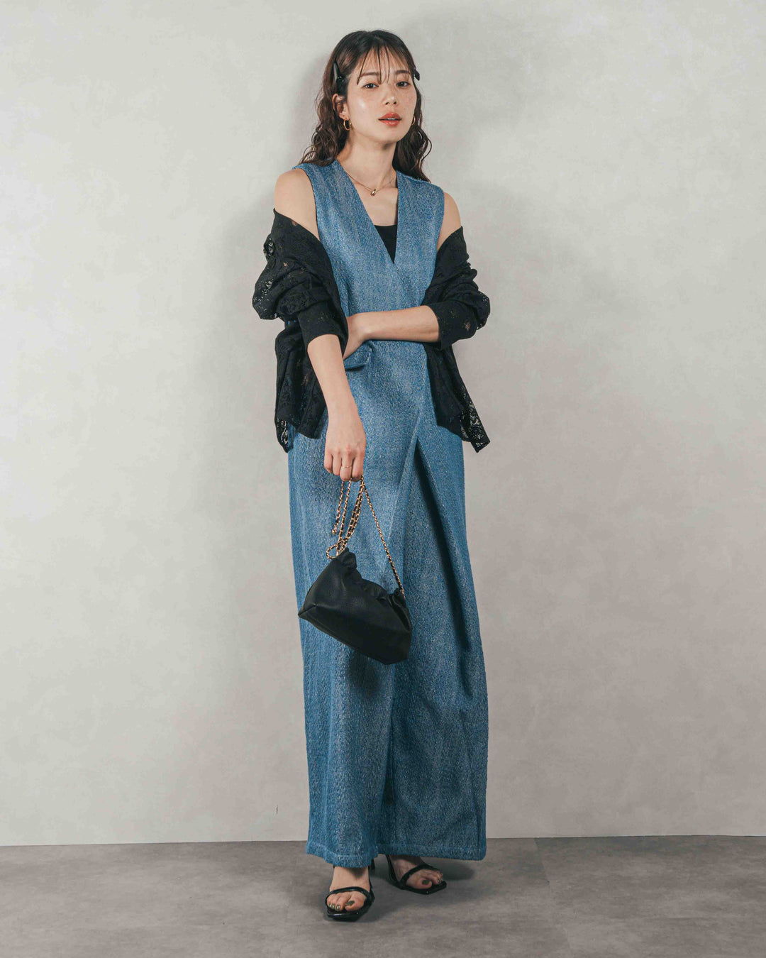 ［SET］デニムライク へリンボーンサロペット + Blockレース　フーディーブラウス（2SET）