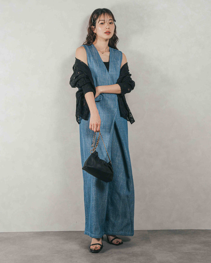 ［SET］デニムライク へリンボーンサロペット + Blockレース　フーディーブラウス（2SET）