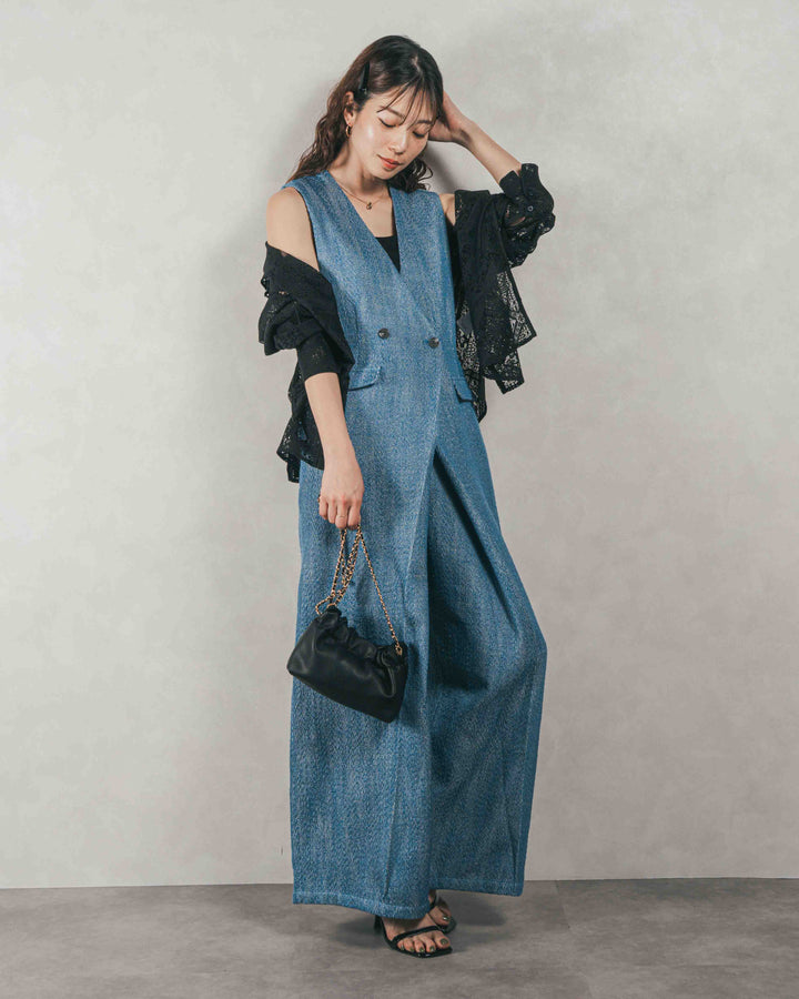 ［SET］デニムライク へリンボーンサロペット + Blockレース　フーディーブラウス（2SET）