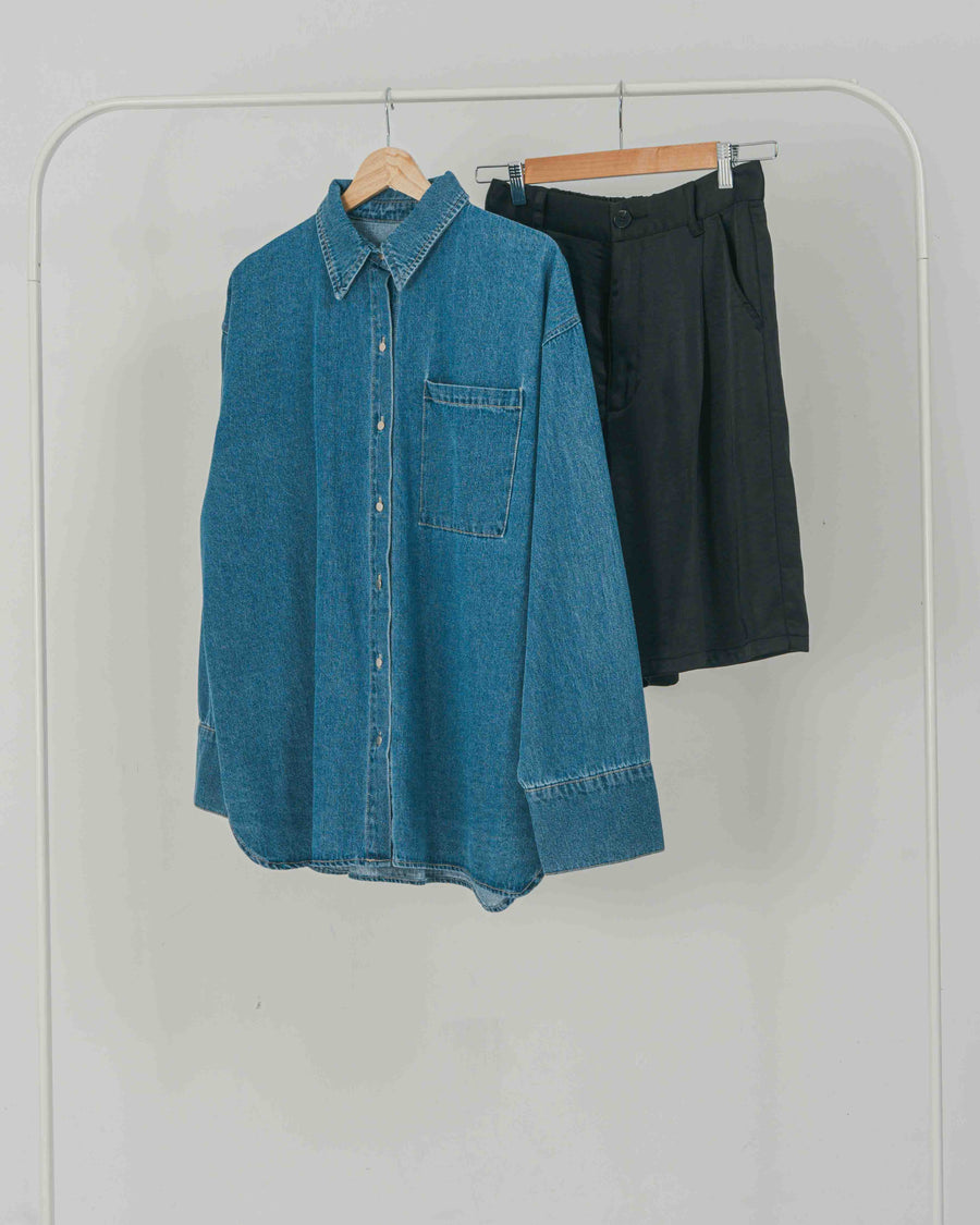 ［SET］Airy Denim オーバーシャツ + Vintageサテン　ハーフパンツ（2SET）