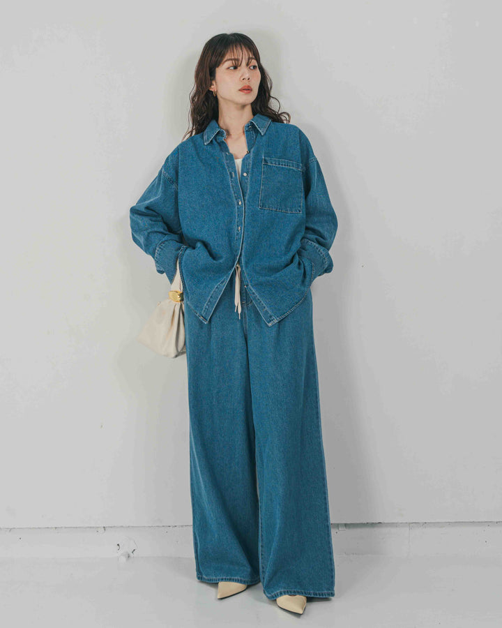 ［SET］Airy Denim オーバーシャツ + Airy Denim ワイドパンツ（2SET）