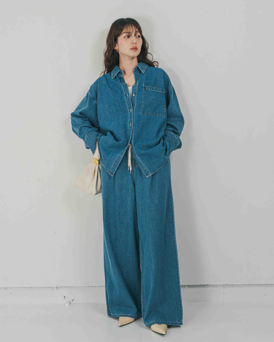 ［SET］Airy Denim オーバーシャツ + Airy Denim ワイドパンツ（2SET）
