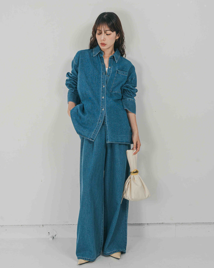 ［SET］Airy Denim オーバーシャツ + Airy Denim ワイドパンツ（2SET）
