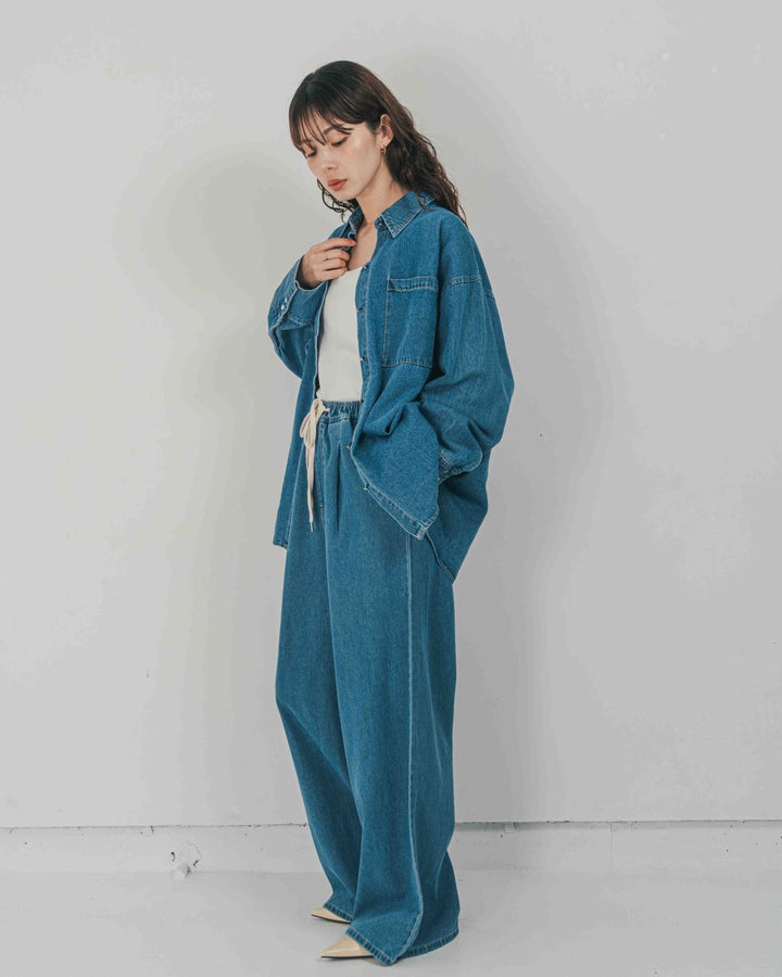 ［SET］Airy Denim オーバーシャツ + Airy Denim ワイドパンツ（2SET）
