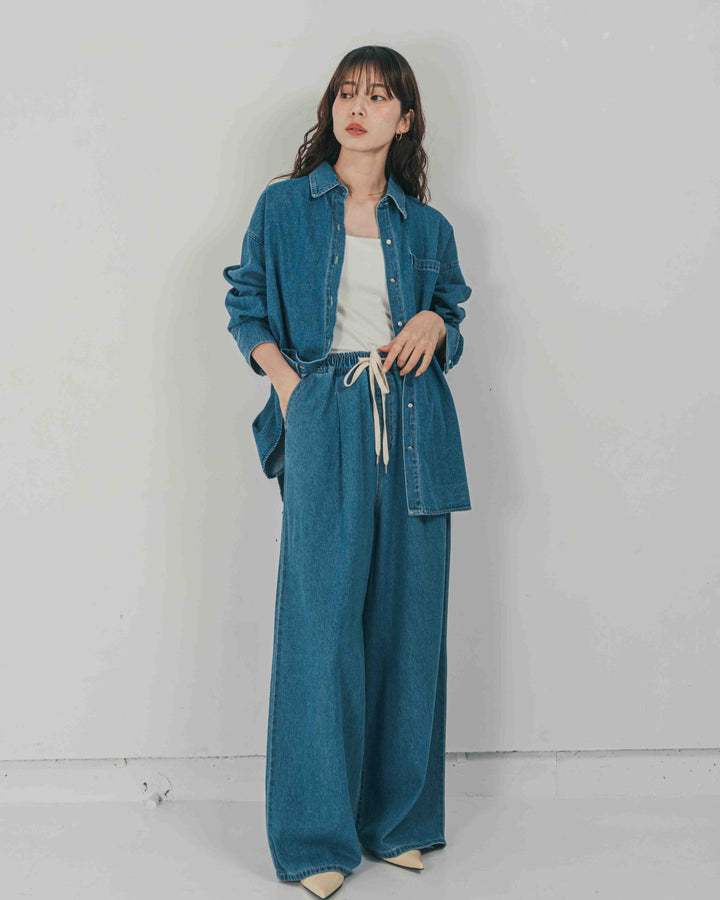 ［SET］Airy Denim オーバーシャツ + Airy Denim ワイドパンツ（2SET）