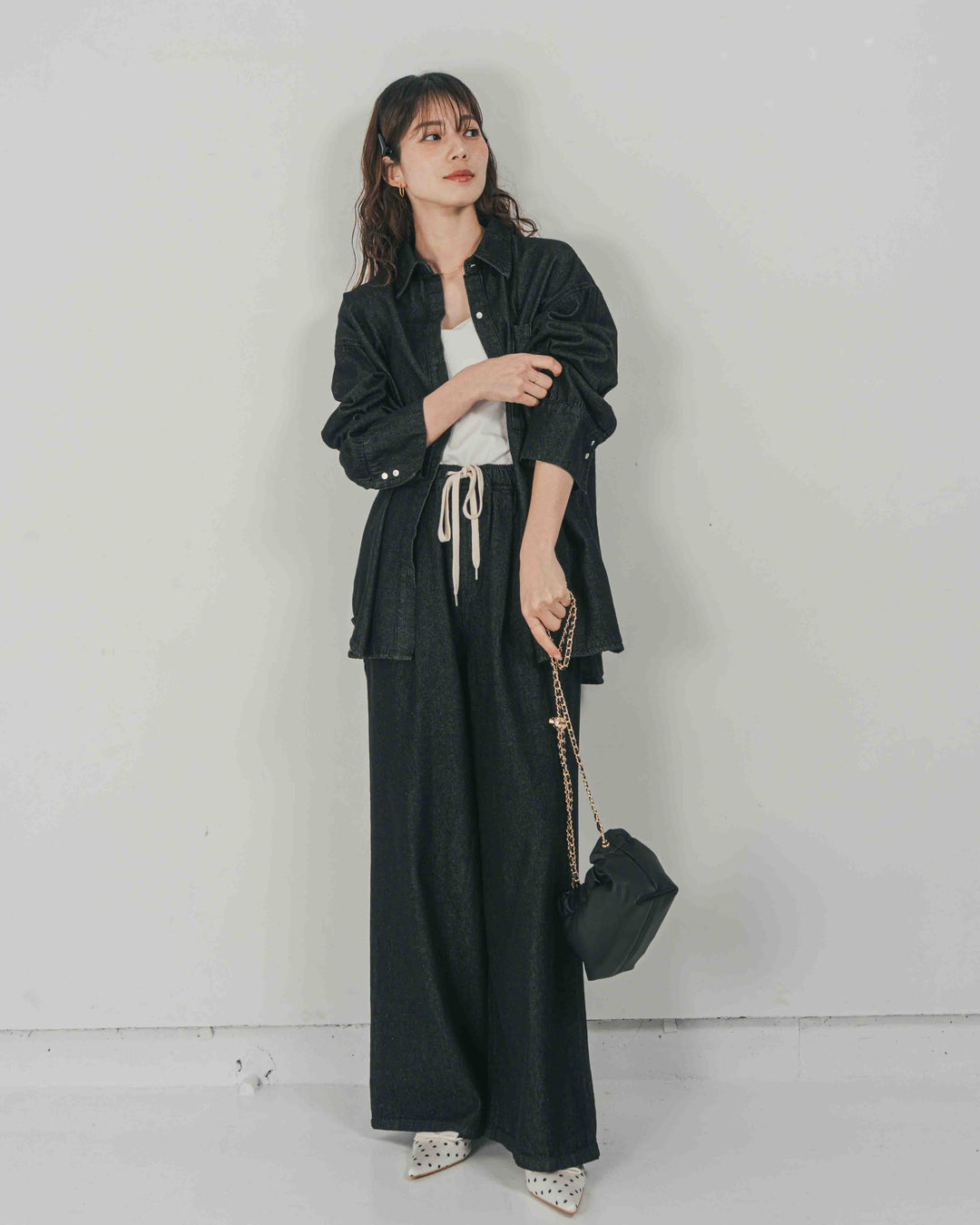［SET］Airy Denim オーバーシャツ + Airy Denim ワイドパンツ（2SET）