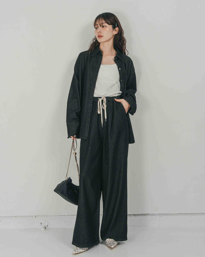 ［SET］Airy Denim オーバーシャツ + Airy Denim ワイドパンツ（2SET）