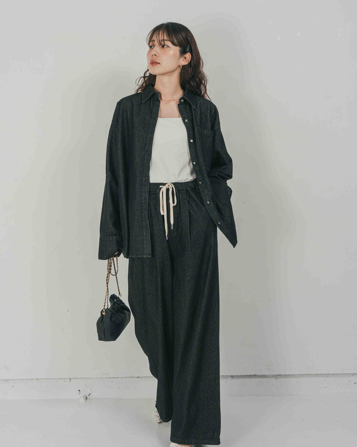 ［SET］Airy Denim オーバーシャツ + Airy Denim ワイドパンツ（2SET）