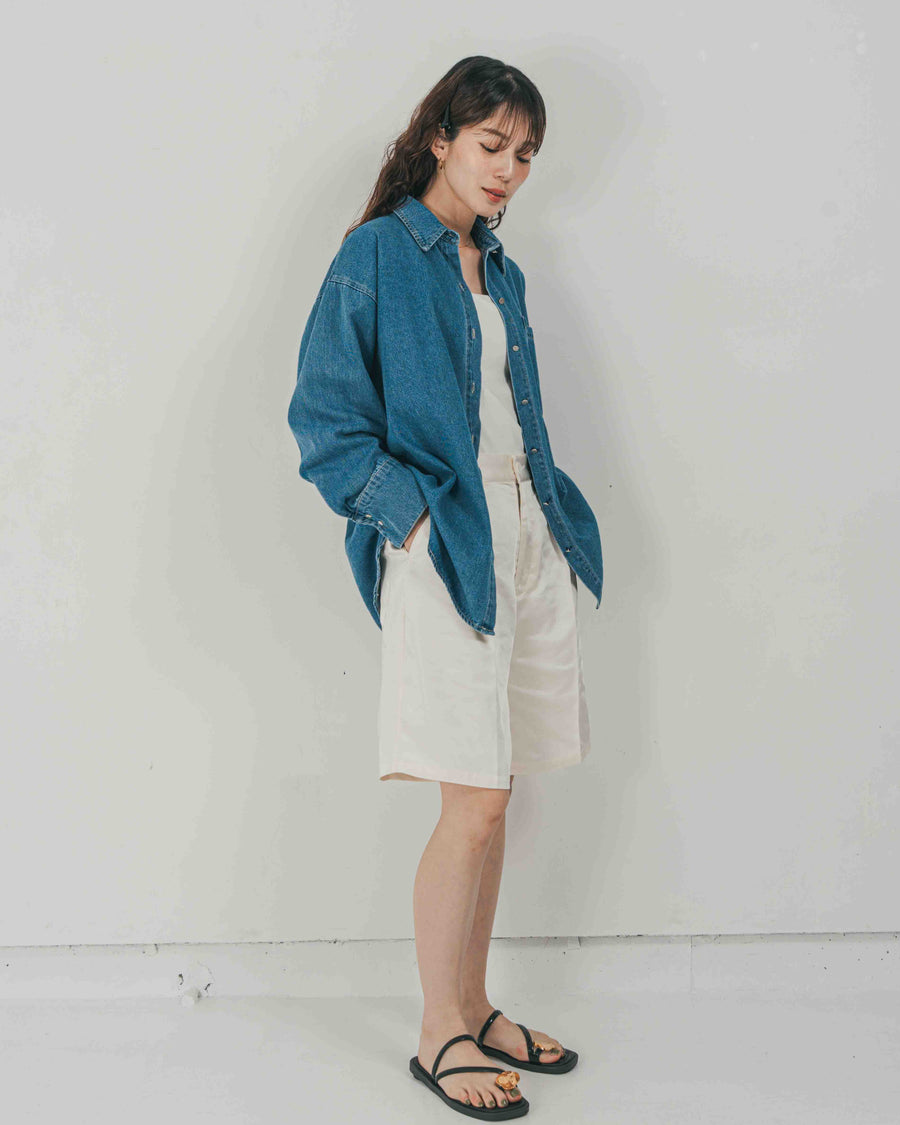 ［SET］Airy Denim オーバーシャツ + Vintageサテン　ハーフパンツ（2SET）