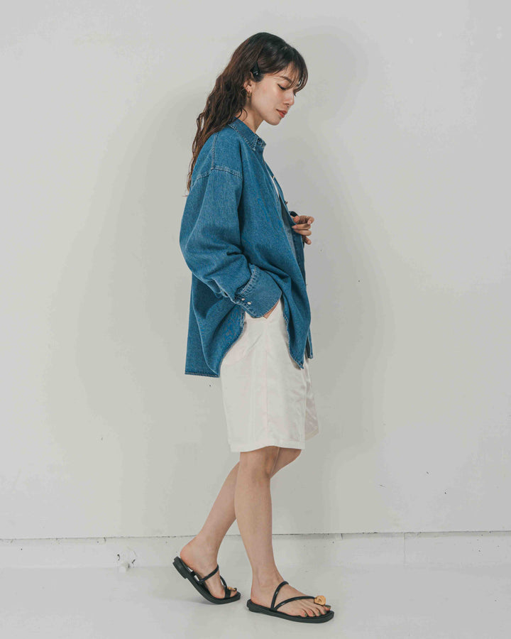 ［SET］Airy Denim オーバーシャツ + Vintageサテン　ハーフパンツ（2SET）