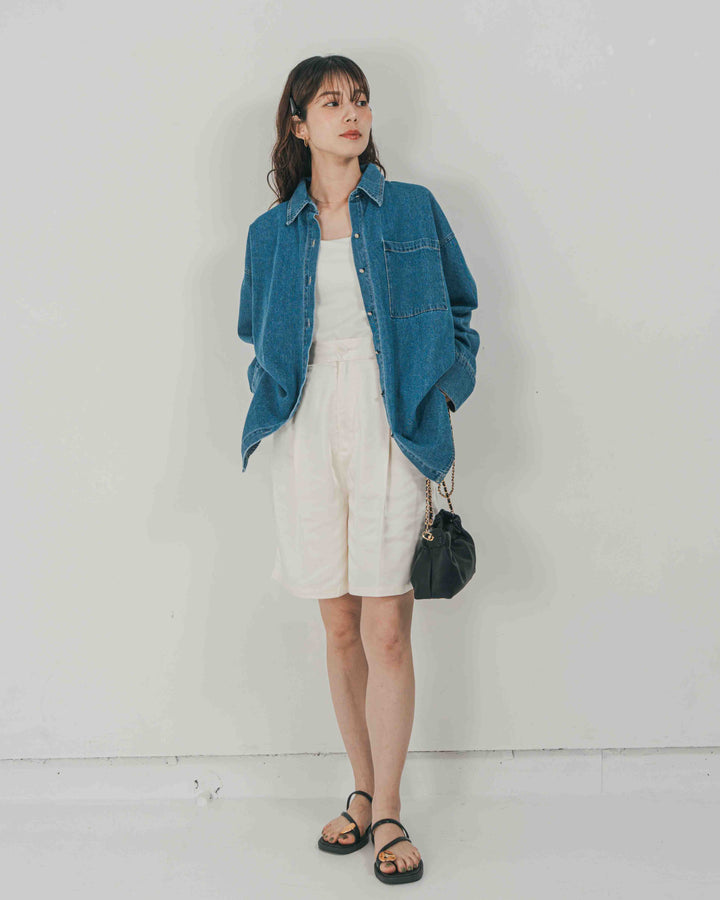 ［SET］Airy Denim オーバーシャツ + Vintageサテン　ハーフパンツ（2SET）
