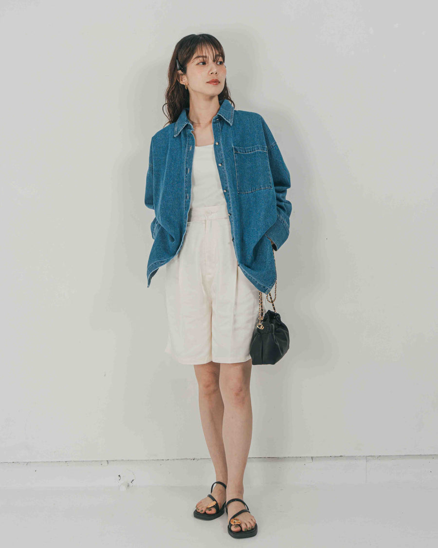 ［SET］Airy Denim オーバーシャツ + Vintageサテン　ハーフパンツ（2SET）