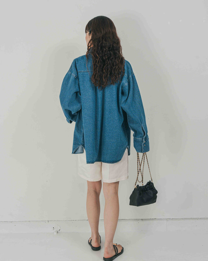 ［SET］Airy Denim オーバーシャツ + Vintageサテン　ハーフパンツ（2SET）