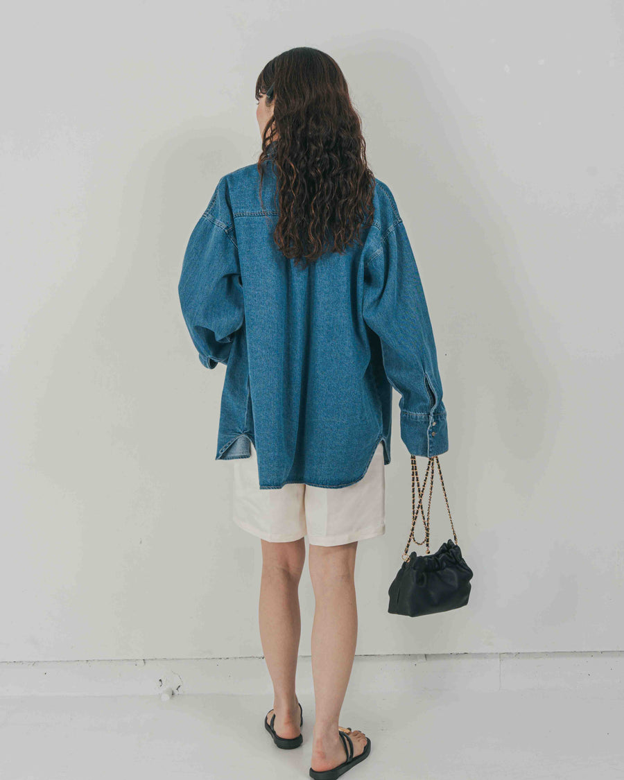 ［SET］Airy Denim オーバーシャツ + Vintageサテン　ハーフパンツ（2SET）