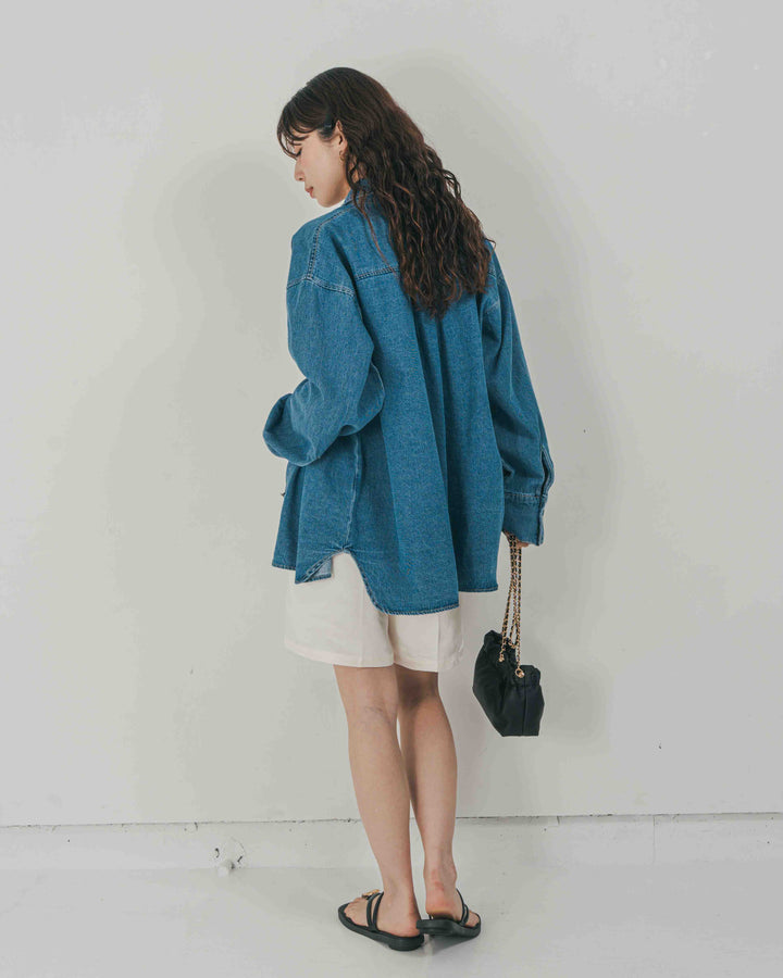 ［SET］Airy Denim オーバーシャツ + Vintageサテン　ハーフパンツ（2SET）