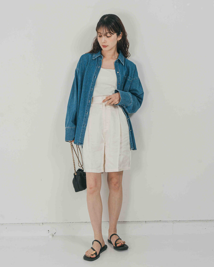 ［SET］Airy Denim オーバーシャツ + Vintageサテン　ハーフパンツ（2SET）