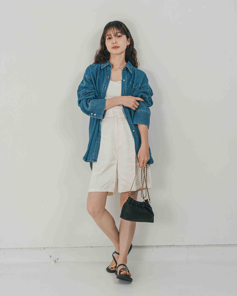 ［SET］Airy Denim オーバーシャツ + Vintageサテン　ハーフパンツ（2SET）