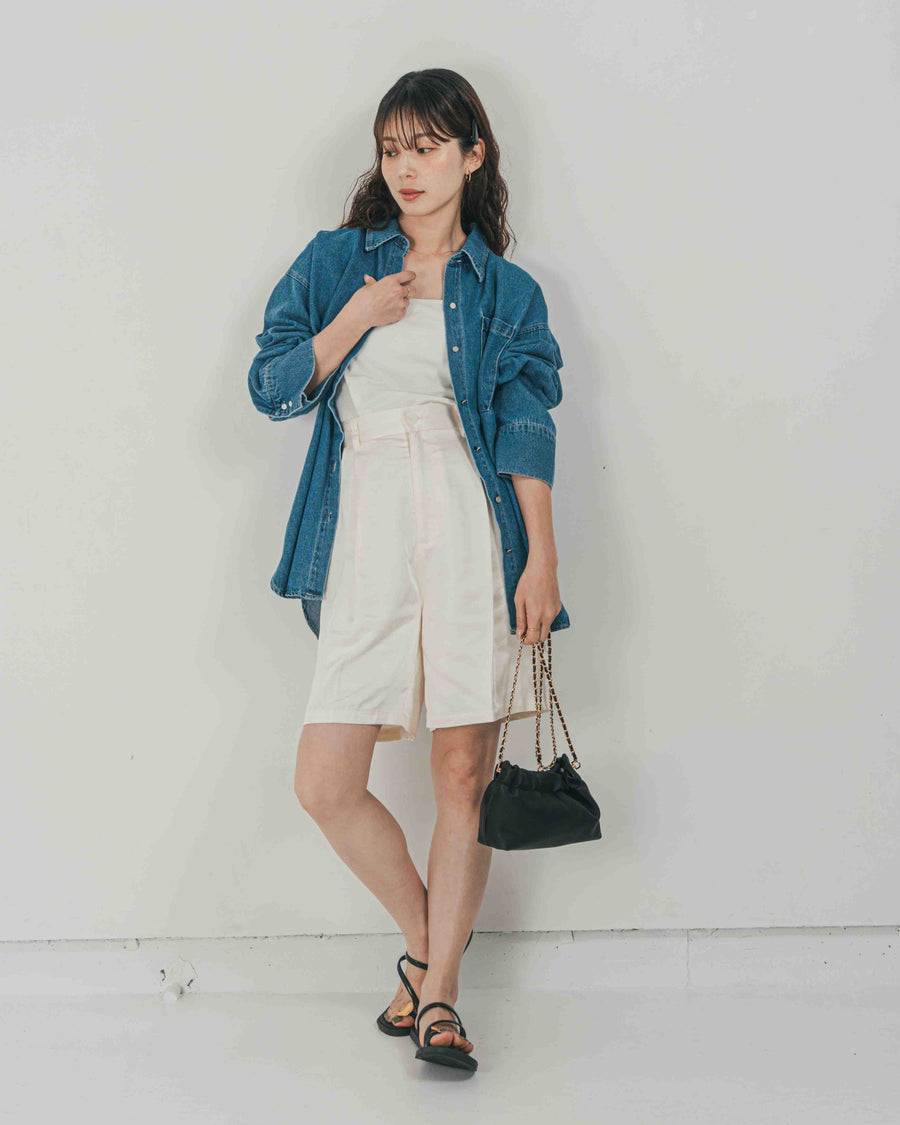 ［SET］Airy Denim オーバーシャツ + Vintageサテン　ハーフパンツ（2SET）