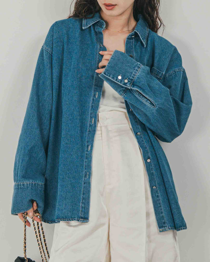 ［SET］Airy Denim オーバーシャツ + Vintageサテン　ハーフパンツ（2SET）