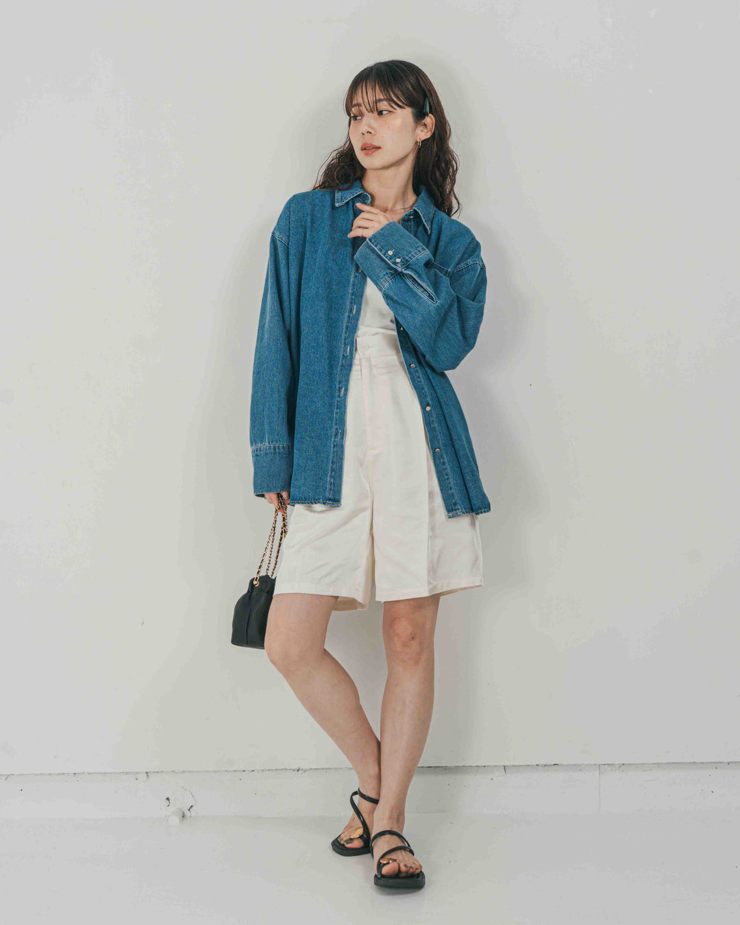 ［SET］Airy Denim オーバーシャツ + Vintageサテン　ハーフパンツ（2SET）