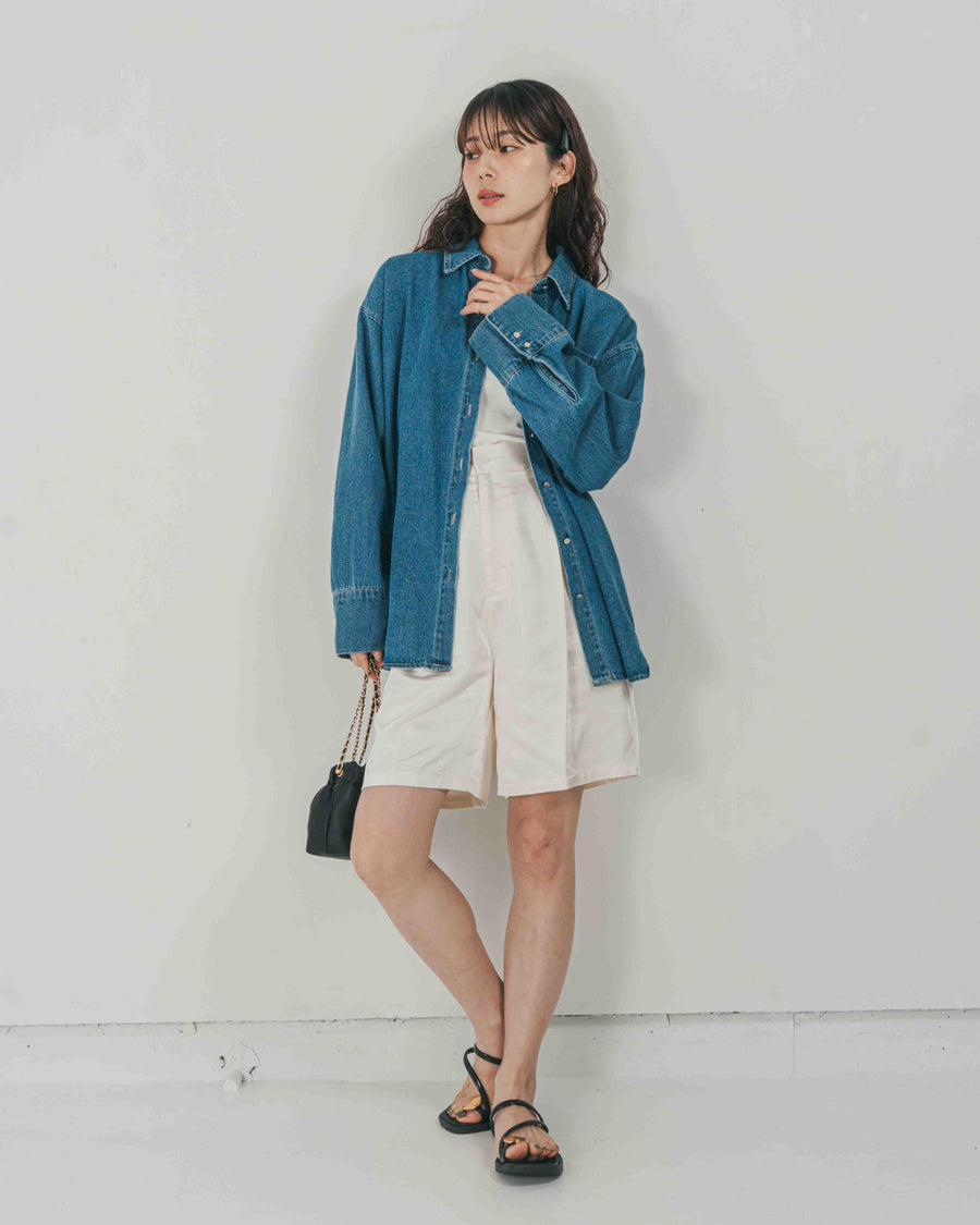 ［SET］Airy Denim オーバーシャツ + Vintageサテン　ハーフパンツ（2SET）