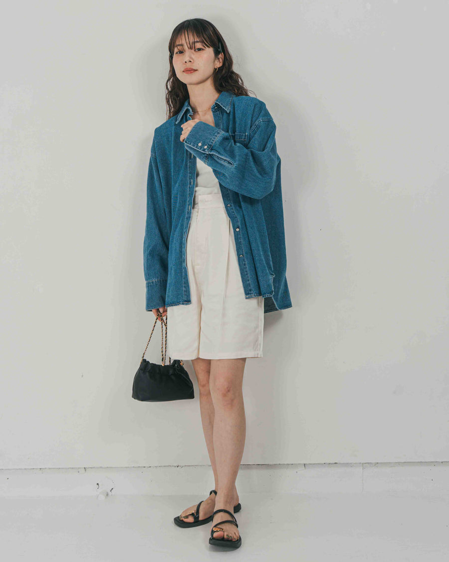 ［SET］Airy Denim オーバーシャツ + Vintageサテン　ハーフパンツ（2SET）