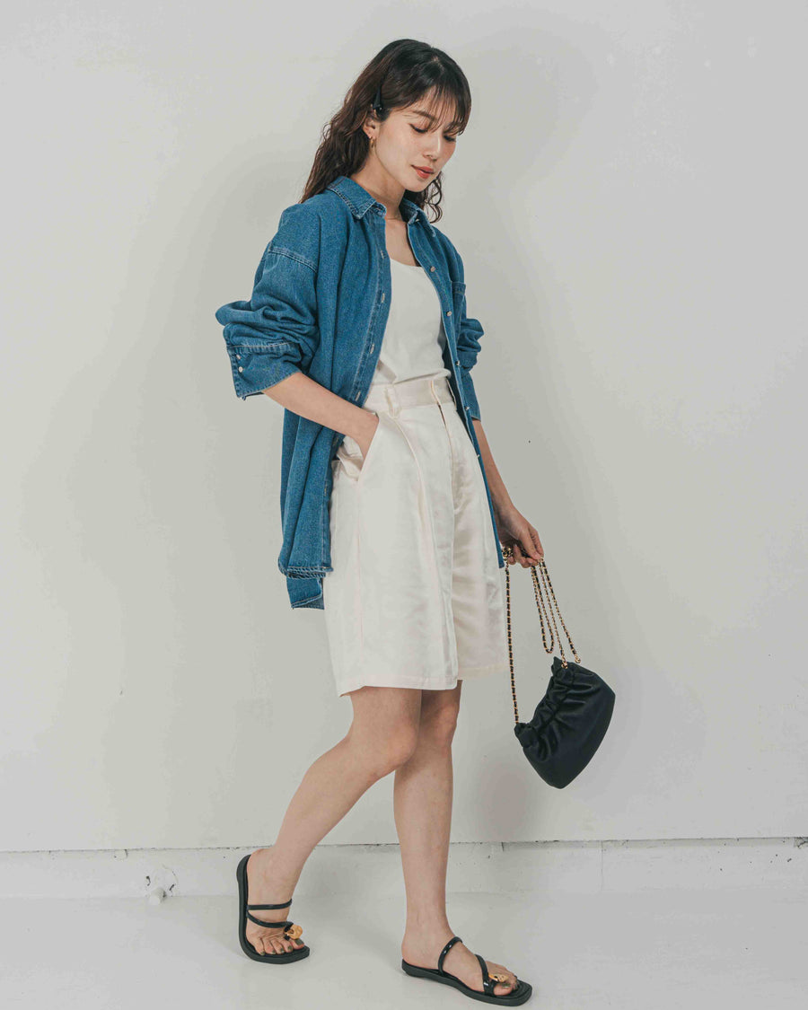 ［SET］Airy Denim オーバーシャツ + Vintageサテン　ハーフパンツ（2SET）