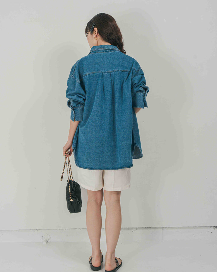 ［SET］Airy Denim オーバーシャツ + Vintageサテン　ハーフパンツ（2SET）
