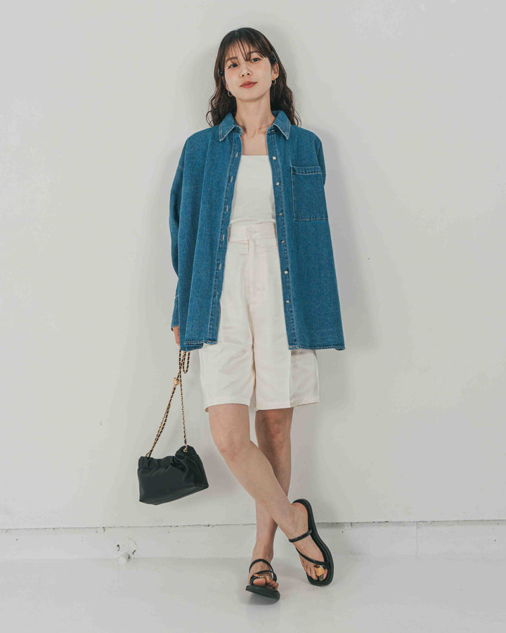 ［SET］Airy Denim オーバーシャツ + Vintageサテン　ハーフパンツ（2SET）