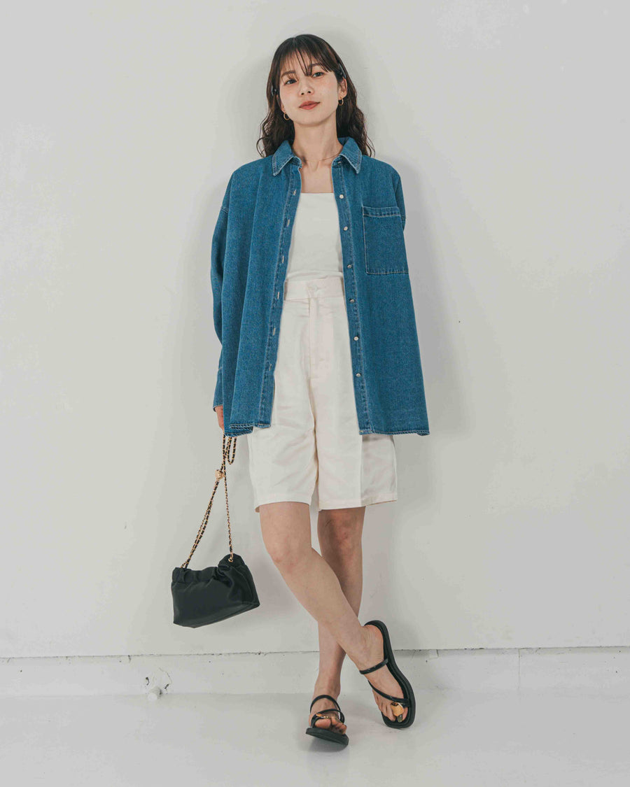 ［SET］Airy Denim オーバーシャツ + Vintageサテン　ハーフパンツ（2SET）