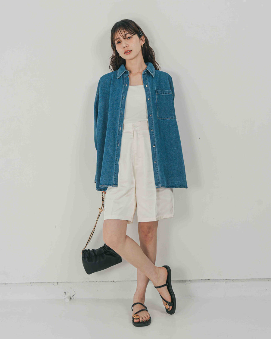 ［SET］Airy Denim オーバーシャツ + Vintageサテン　ハーフパンツ（2SET）