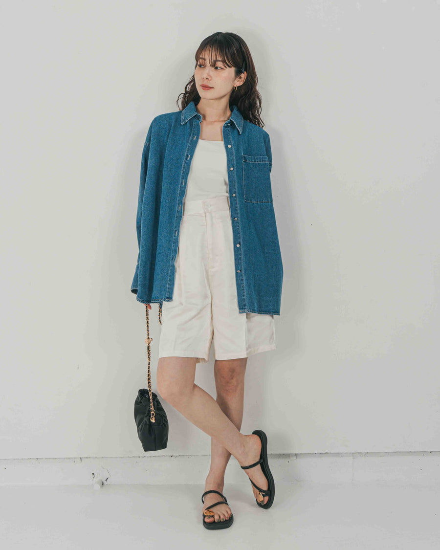 ［SET］Airy Denim オーバーシャツ + Vintageサテン　ハーフパンツ（2SET）
