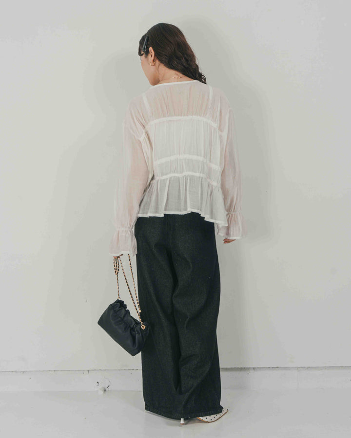 ［SET］Soft シャーリングブラウス + Airy Denim ワイドパンツ（2SET）