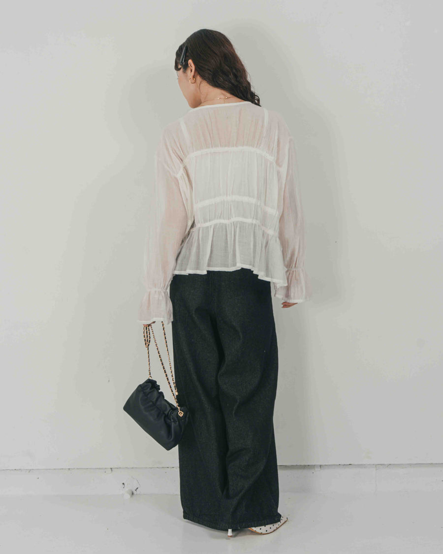 ［SET］Soft シャーリングブラウス + Airy Denim ワイドパンツ（2SET）