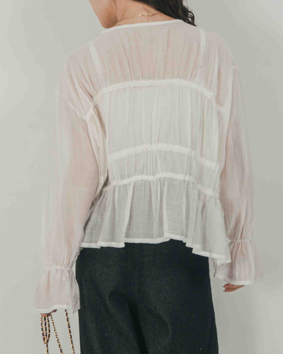 ［SET］Soft シャーリングブラウス + Airy Denim ワイドパンツ（2SET）