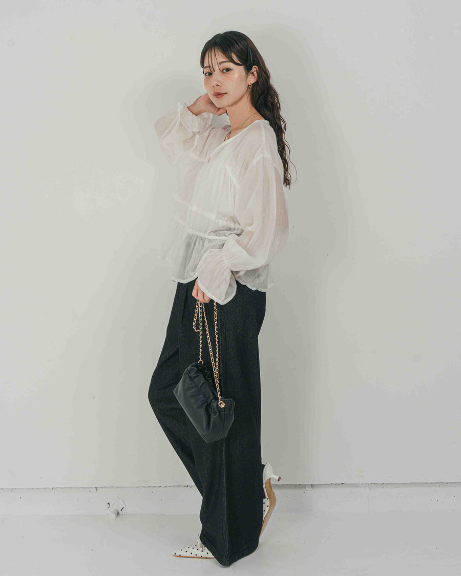 ［SET］Soft シャーリングブラウス + Airy Denim ワイドパンツ（2SET）