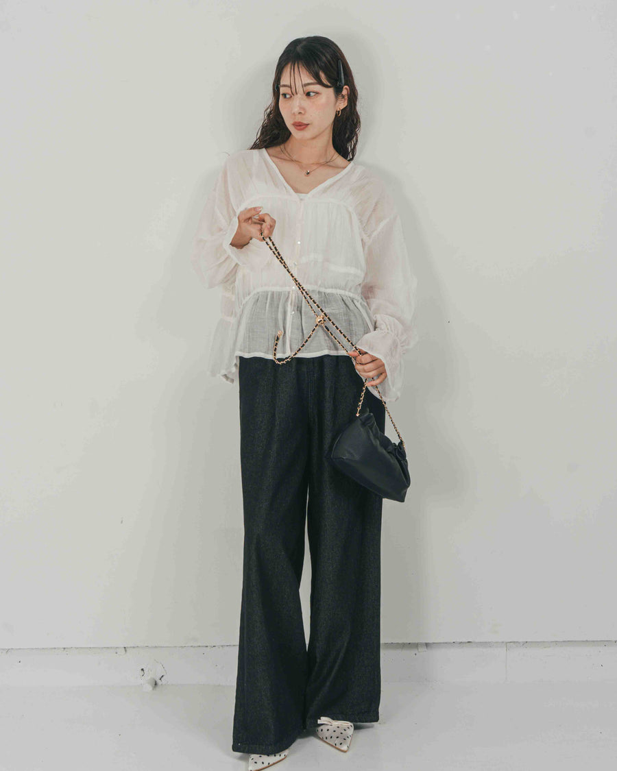 ［SET］Soft シャーリングブラウス + Airy Denim ワイドパンツ（2SET）