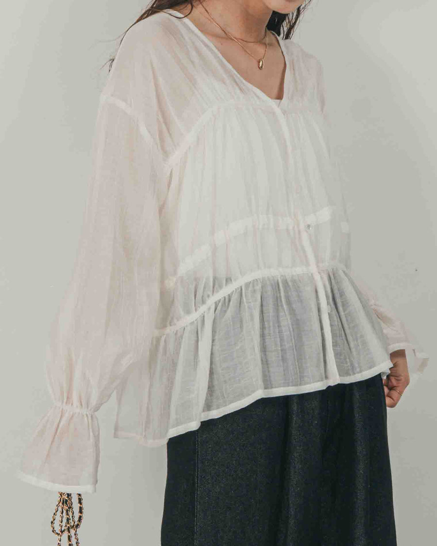［SET］Soft シャーリングブラウス + Airy Denim ワイドパンツ（2SET）