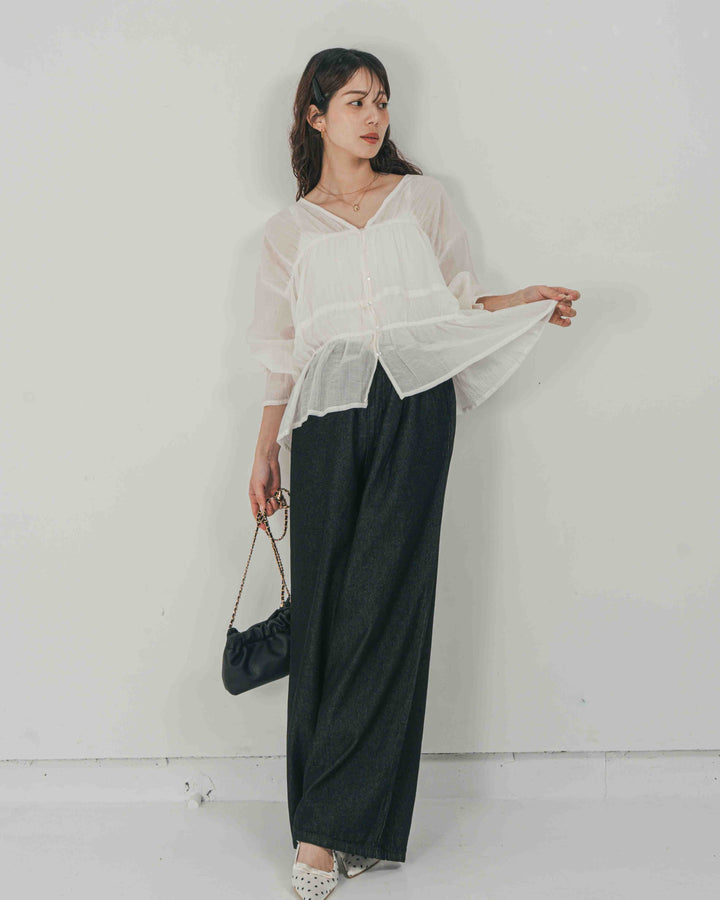 ［SET］Soft シャーリングブラウス + Airy Denim ワイドパンツ（2SET）