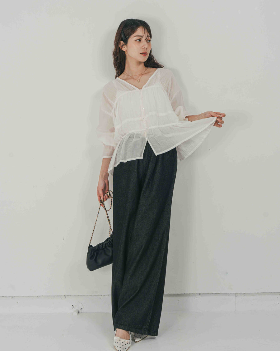 ［SET］Soft シャーリングブラウス + Airy Denim ワイドパンツ（2SET）