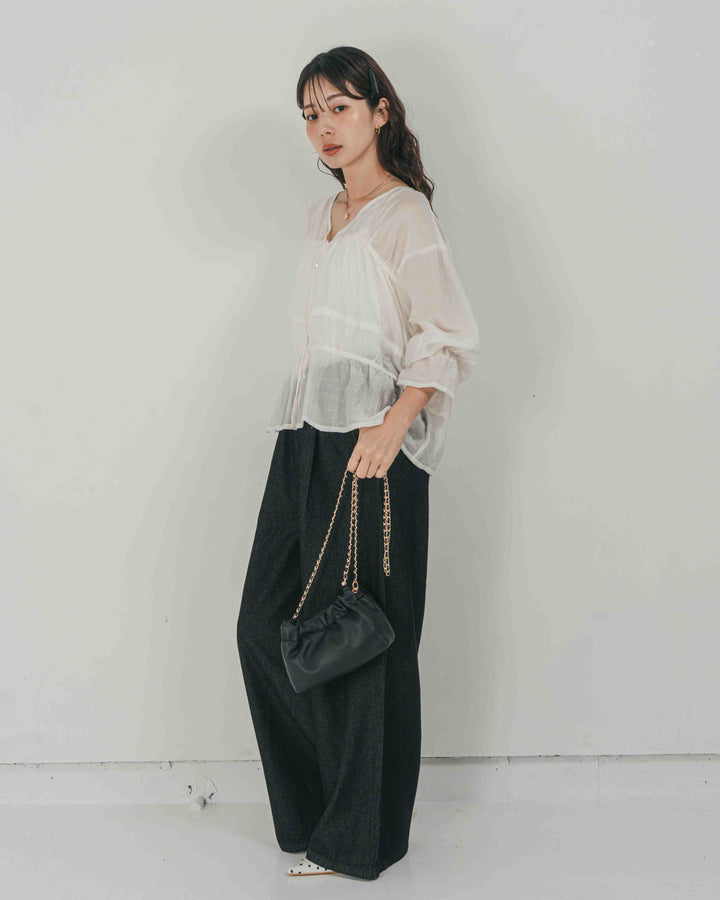 ［SET］Soft シャーリングブラウス + Airy Denim ワイドパンツ（2SET）