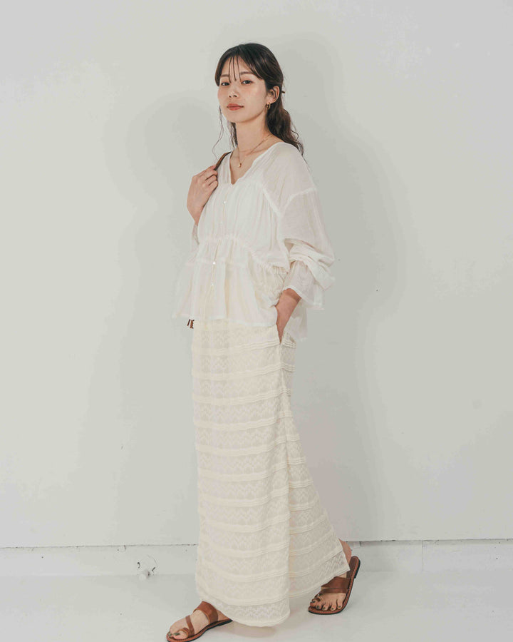 ［SET］Soft シャーリングブラウス + ジャガードカットソータイトスカート（2SET）